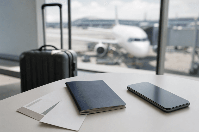 Pasaporte y tarjeta de embarque preparados sobre una mesa antes de un vuelo internacional.